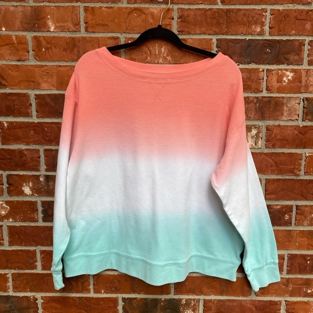 Splendid Womens XL Dip Tie Dye Thermal Waffle Knit Boxy Sweater Coral Blue